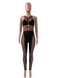 Women Summer Black Party Sexy Hollow Out Sleeveless Mesh Bodycon Jumpsuit