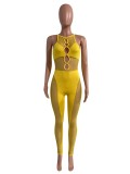 Women Summer Yellow Party Sexy Hollow Out Sleeveless Mesh Bodycon Jumpsuit