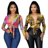 Women Spring Print Enthic Long Sleeves Knotted Cropped Blouse