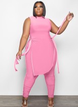 Women Summer Pink Side Slit Long Shirt and Pants Plus Size Two Piece Set