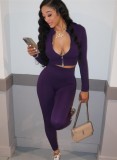 Women Spring Purple Tight Fitting Zipper Crop Top and Pants Two Piece Set