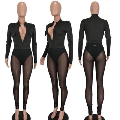Women Spring Black Party Sexy Zipper Bodysuit and Mesh Leggings Two Piece Set