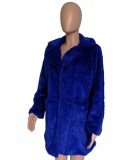 Winter Women Warm Blue Turndown Collar Long Sleeve Faux Fur Overcoat