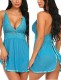 Plus Size Women Sexy Light Blue Straps V-neck Lace Mesh Exotic Camisole Underwear Lingerie Dress