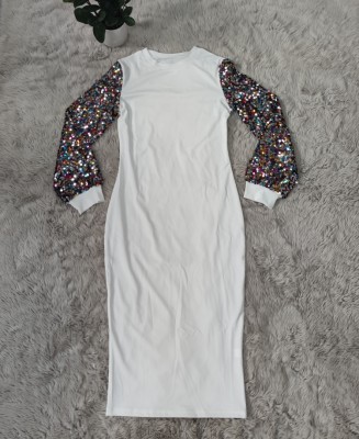 Spring Women Multicolor Sequins Puff Sleeve 0-neck Slim Fit White Midi Dress
