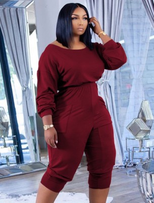 Autumn Casual Wine Red Stacked Jumpsuit with Pockets