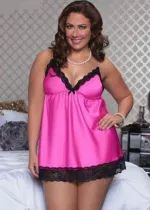 Plus Size Women Sexy Luxury Rose Red Lace Satin Camisole Straps Sleeping Dress