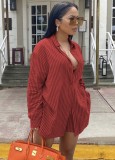 Spring Women Casual Red Stripes Long Sleevve Loose Blouse and Match Shorts Cheap Wholesale Two Piece Sets