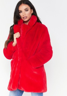 Winter Women Warm Red Turndown Collar Long Sleeve Faux Fur Overcoat