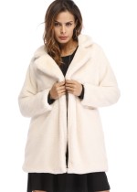 Winter Women Warm White Turndown Collar Long Sleeve Faux Fur Overcoat