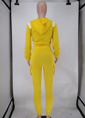 Spring Women Casual Yellow Zipper Long Sleeve Hoodies and Sweatpants Two Piece Wholesale Sportswear