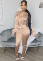 Spring Women Sexy Khaki Tied Bow Turndown Collar Long Sleeve Blouse and High Waist Pants Two Piece Set