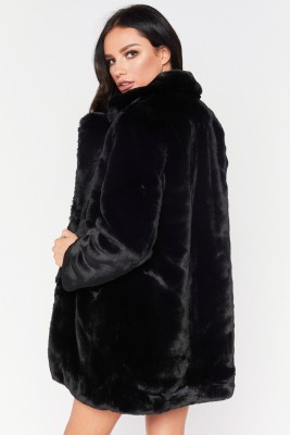 Winter Women Warm Black Turndown Collar Long Sleeve Faux Fur Overcoat