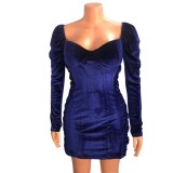 Spring Women Sexy Blue Velvet Square Neck Long Sleeve Ruched Bodycon Dress