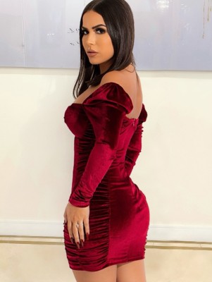 Spring Women Sexy Red Velvet Square Neck Long Sleeve Ruched Bodycon Dress