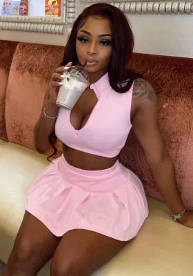 Summer Women Sexy Pink Zpper Sleeveless Crop Tank and A-line Skirt Wholesale Two Piece Sets