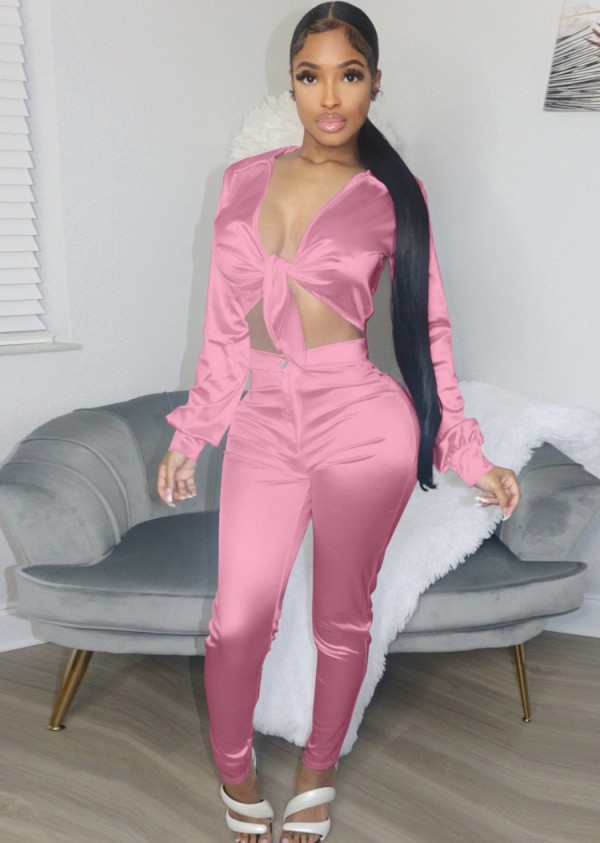 Spring Women Sexy Pink Tied Bow Turndown Collar Long Sleeve Blouse and High Waist Pants Two Piece Set