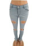Winter Women Sexy Plus Size Light Color High Waist Ripped Hole Fringe Tassels Slim Fit Jeans