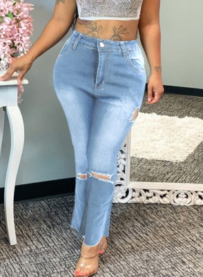 Winter Women Sexy Plus Size Light Blue High Waist Ripped Hole Slim Fit Jeans