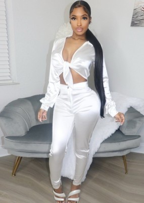 Spring Women Sexy White Tied Bow Turndown Collar Long Sleeve Blouse and High Waist Pants Two Piece Set