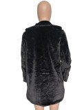 Winter Women Warm Black Turndown Collar Long Sleeve Faux Fur Overcoat