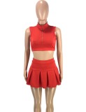 Summer Women Sexy Red Zpper Sleeveless Crop Tank and A-line Skirt Wholesale Two Piece Sets