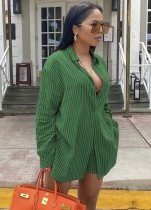 Spring Women Casual Green Stripes Long Sleevve Loose Blouse and Match Shorts Cheap Wholesale Two Piece Sets