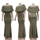 Summer Women Printed Ruffled Off Shoulder Casual Long Dress