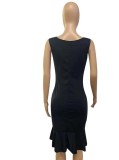 Summer Women Elegant Black V-neck Straps Slit Ruffled Formal Midi Dress