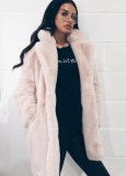 Winter Women Warm Pink Turndown Collar Long Sleeve Faux Fur Overcoat