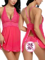 Plus Size Women Sexy Rose Red Straps V-neck Lace Mesh Exotic Camisole Underwear Lingerie Dress