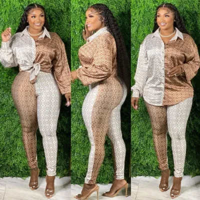 Spring Women White and Brown Printed Long Sleeve Loose Blouse and Match Pants Wholesale Two Piece Sets
