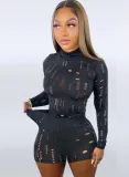 Spring Women Sexy Black Hollow Out Turtleneck Long Sleeve Slim Fit Top and Shorts Wholesale Two Piece Sets
