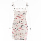 Summer Women Sexy Floral White Mesh Straps Ruched Bodycon Dress