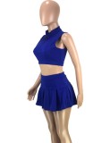 Summer Women Sexy Blue Zpper Sleeveless Crop Tank and A-line Skirt Wholesale Two Piece Sets