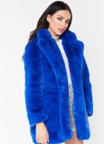 Winter Women Warm Blue Turndown Collar Long Sleeve Faux Fur Overcoat