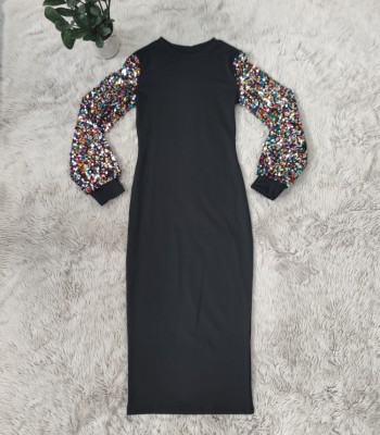 Spring Women Multicolor Sequins Puff Sleeve 0-neck Slim Fit Black Midi Dress