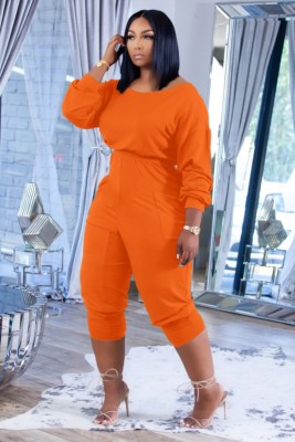 Autumn Casual Orange Stacked Jumpsuit with Pockets
