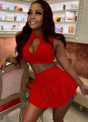 Summer Women Sexy Red Zpper Sleeveless Crop Tank and A-line Skirt Wholesale Two Piece Sets