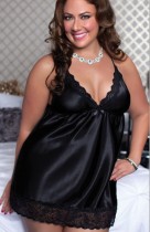 Plus Size Women Sexy Luxury Black Lace Satin Camisole Straps Sleeping Dress