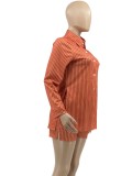 Spring Women Casual Orange Stripes Long Sleevve Loose Blouse and Match Shorts Cheap Wholesale Two Piece Sets