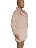 Winter Women Warm Pink Turndown Collar Long Sleeve Faux Fur Overcoat