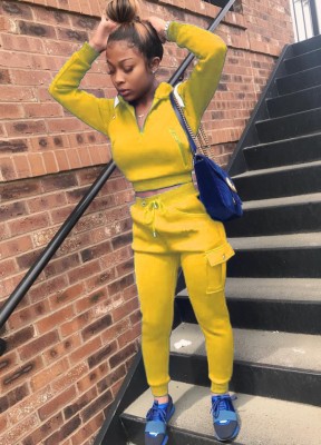 Spring Women Casual Yellow Zipper Long Sleeve Hoodies and Sweatpants Two Piece Wholesale Sportswear