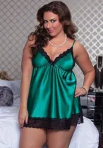 Plus Size Women Sexy Luxury Green Lace Satin Camisole Straps Sleeping Dress