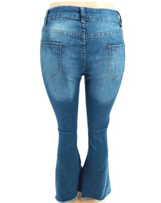 Winter Women Sexy Plus Size Dark Blue High Waist Ripped Hole Slim Fit Jeans