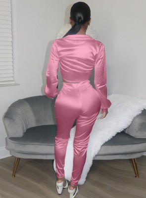 Spring Women Sexy Pink Tied Bow Turndown Collar Long Sleeve Blouse and High Waist Pants Two Piece Set