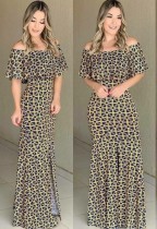 Summer Women Printed Ruffled Off Shoulder Casual Long Dress