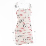 Summer Women Sexy Floral White Mesh Straps Ruched Bodycon Dress