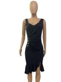 Summer Women Elegant Black V-neck Straps Slit Ruffled Formal Midi Dress