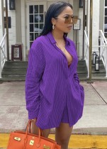 Spring Women Casual Purple Stripes Long Sleevve Loose Blouse and Match Shorts Cheap Wholesale Two Piece Sets